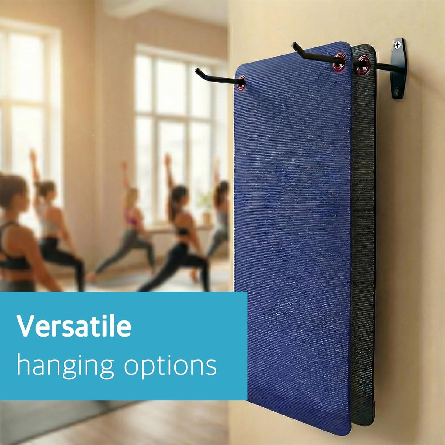 Yoga Mat Holder Wall Mount: Hanging Exercise Mat Rack - 2 Pack Heavy Duty Adjustable Hooks & 6 PCS Clips for Yoga Mat (<5.5lbs), Eyelet Mats, Foam Rollers & Gym Equipment Storage - Organizer for Fitness Workout