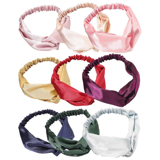 VICASKY 9pcs Solid Color Satin Cross Headbands Elastic Hairbands for Women Yoga Decorative Hair Accessories Photo Prop Set Random Color
