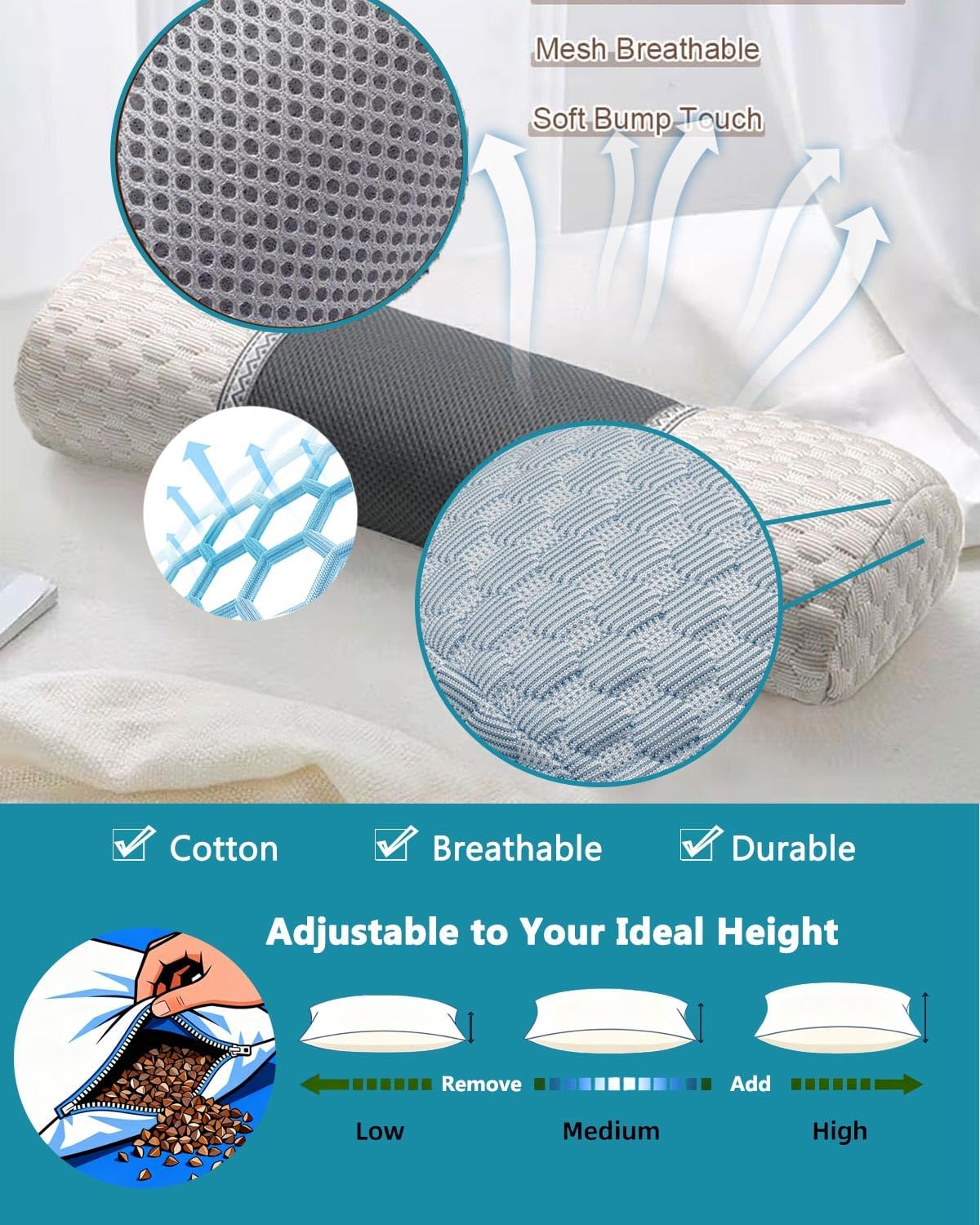 Buckwheat Hull Neck Roll Pillow -15.7" x4.7” Adjustable Firmness Cervical Support for Sleep & Yoga, Cooling Floral Cotton Cover, Ergonomic Bolster Pillow, Blue