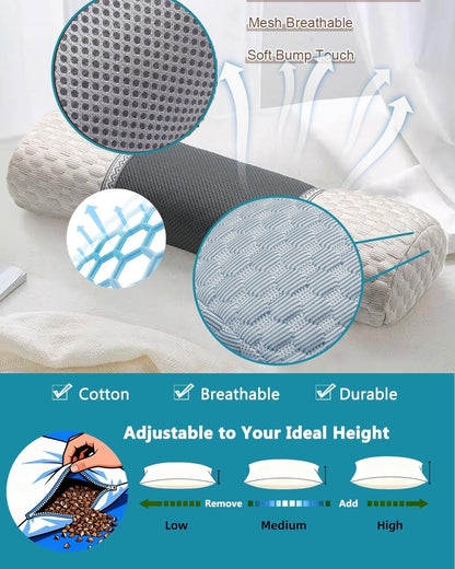Buckwheat Hull Neck Roll Pillow -15.7" x4.7” Adjustable Firmness Cervical Support for Sleep & Yoga, Cooling Floral Cotton Cover, Ergonomic Bolster Pillow, Blue