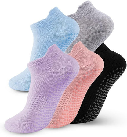 5 Pairs Pilates Socks with Grips for Women Non Slip Grip Yoga Crew Socks for Barre Hospital Barefoot Workout