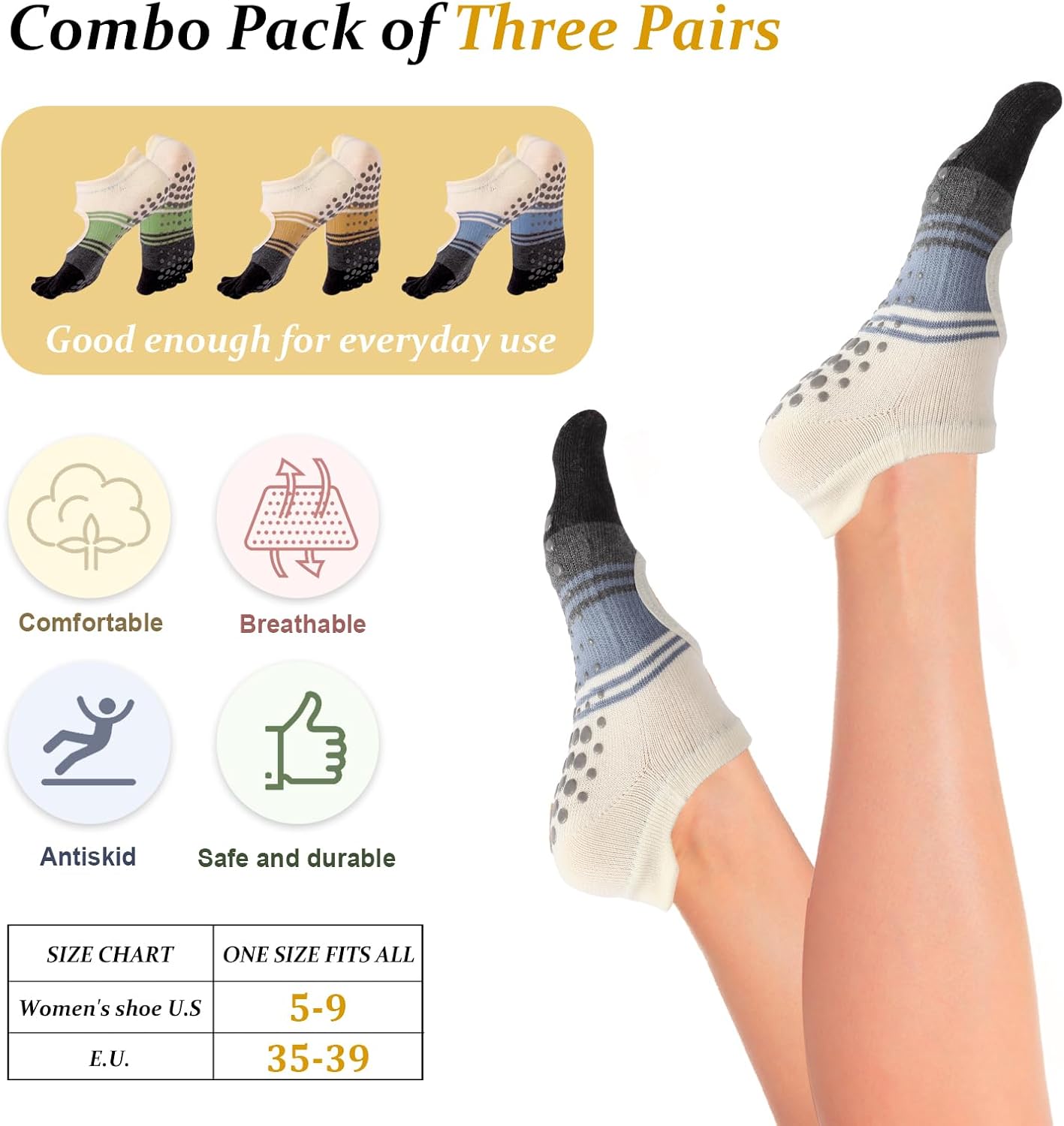 Pilates Socks with Grips for Women,Yoga Socks, Non-Slip Yoga Sock with Toe Separators, Pilates Non Slip Sock