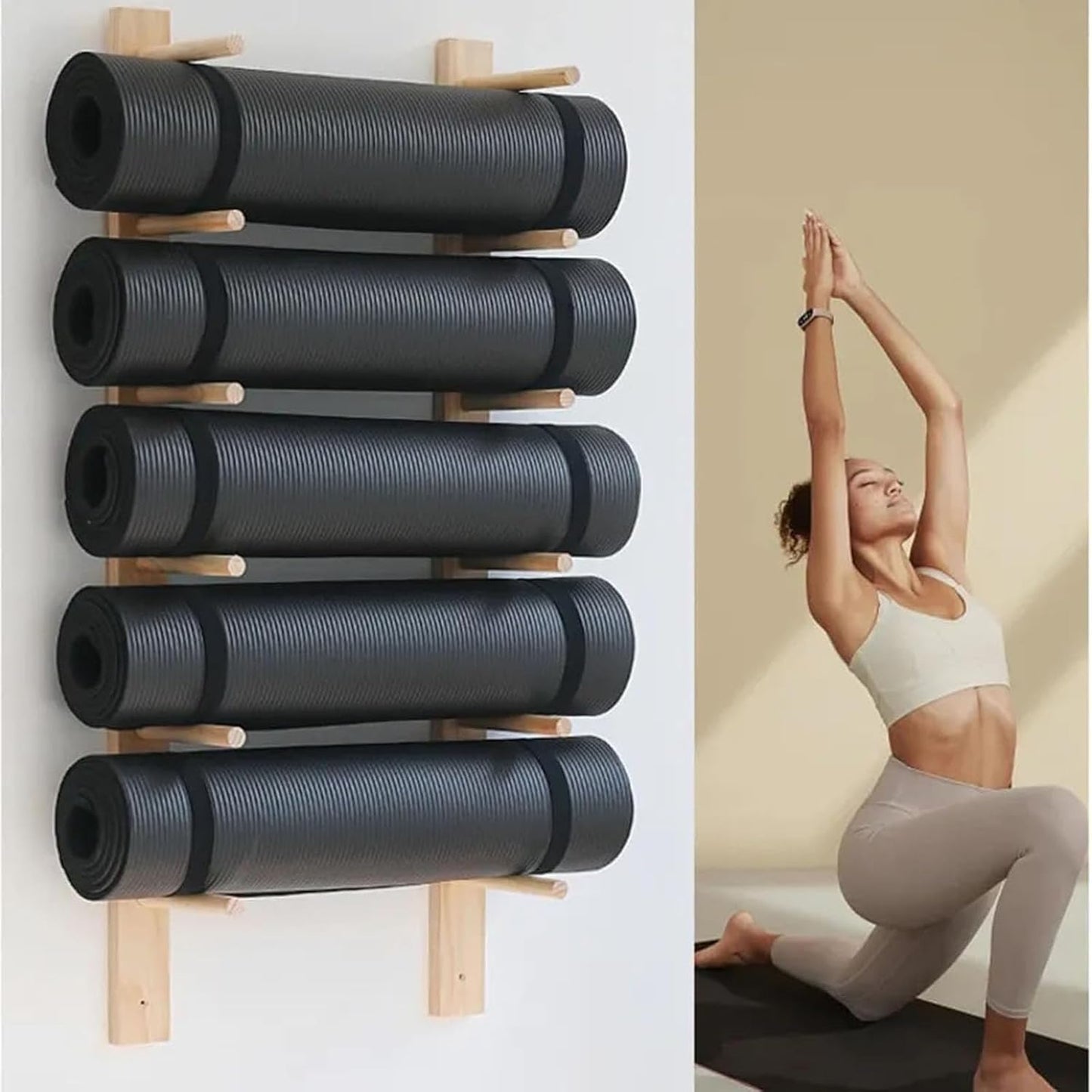 Wooden Yoga Mat Holder Wall Mount, Wood Yoga Mat Storage Rack as Shoe Hanger, Yoga Mat Organizer, or Gym Shelf for Home Gym Wall Storage