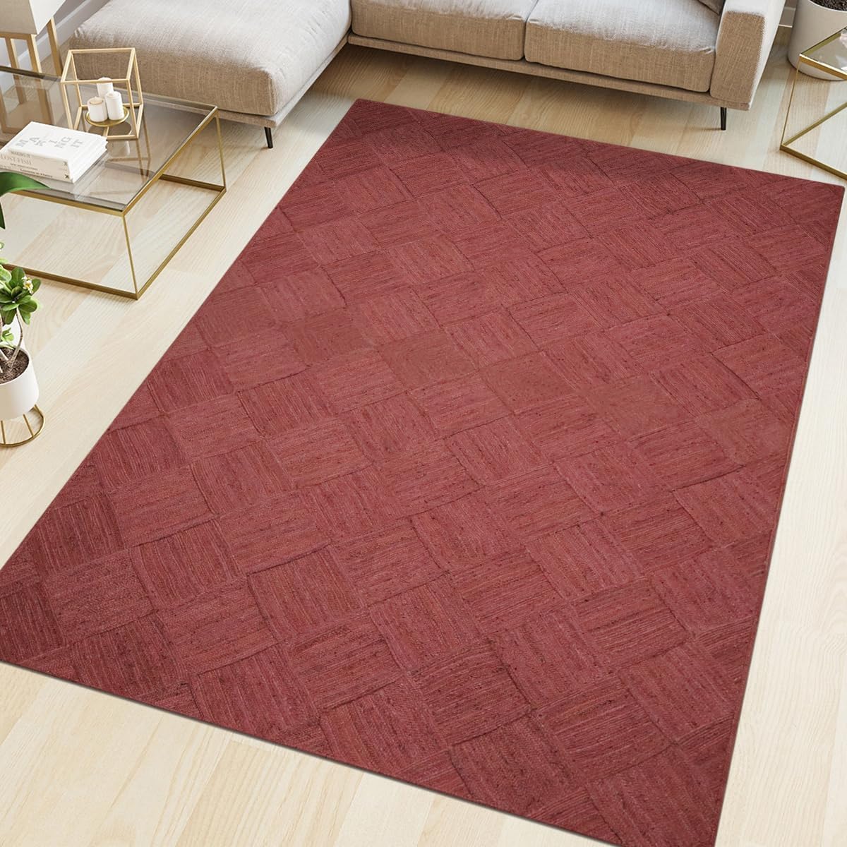 Hand Braided Jute 4 Ft Square Kilim Rug Flatweave Pink Geometric Pattern Jute Sisal Rug, Thick 0.27 Inch Indoor Outdoor Carpet for Kitchen, Bedside, Yoga Mat - Colors B