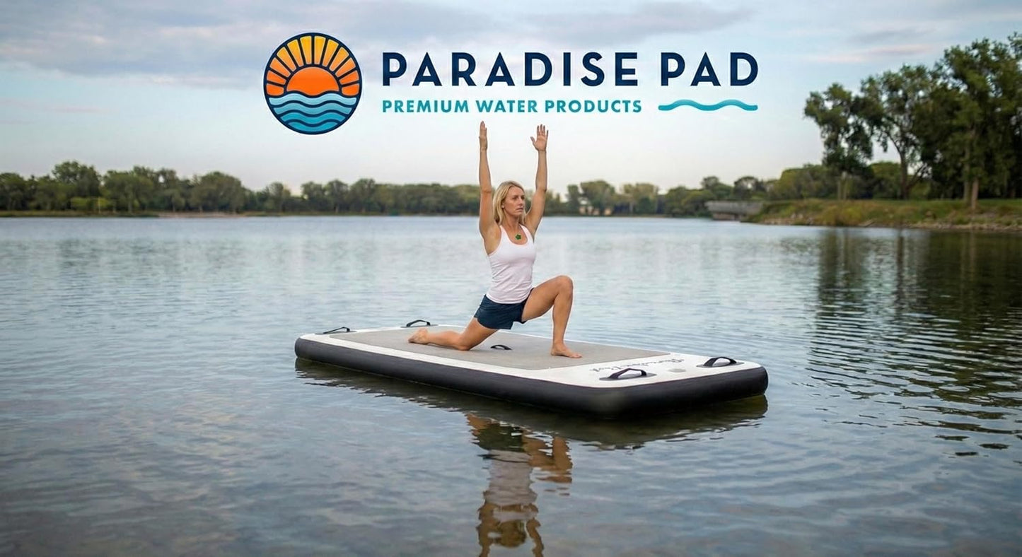 Inflatable Water Yoga Mat Board Floating Exercise Platform for Yoga and Pilates. Aquatic Fitness pad for Pools, Lakes. 96"x 35"x 6" includes storage bag, hand pump and repair kit. Paradise Pad