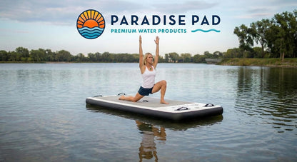 Inflatable Water Yoga Mat Board Floating Exercise Platform for Yoga and Pilates. Aquatic Fitness pad for Pools, Lakes. 96"x 35"x 6" includes storage bag, hand pump and repair kit. Paradise Pad