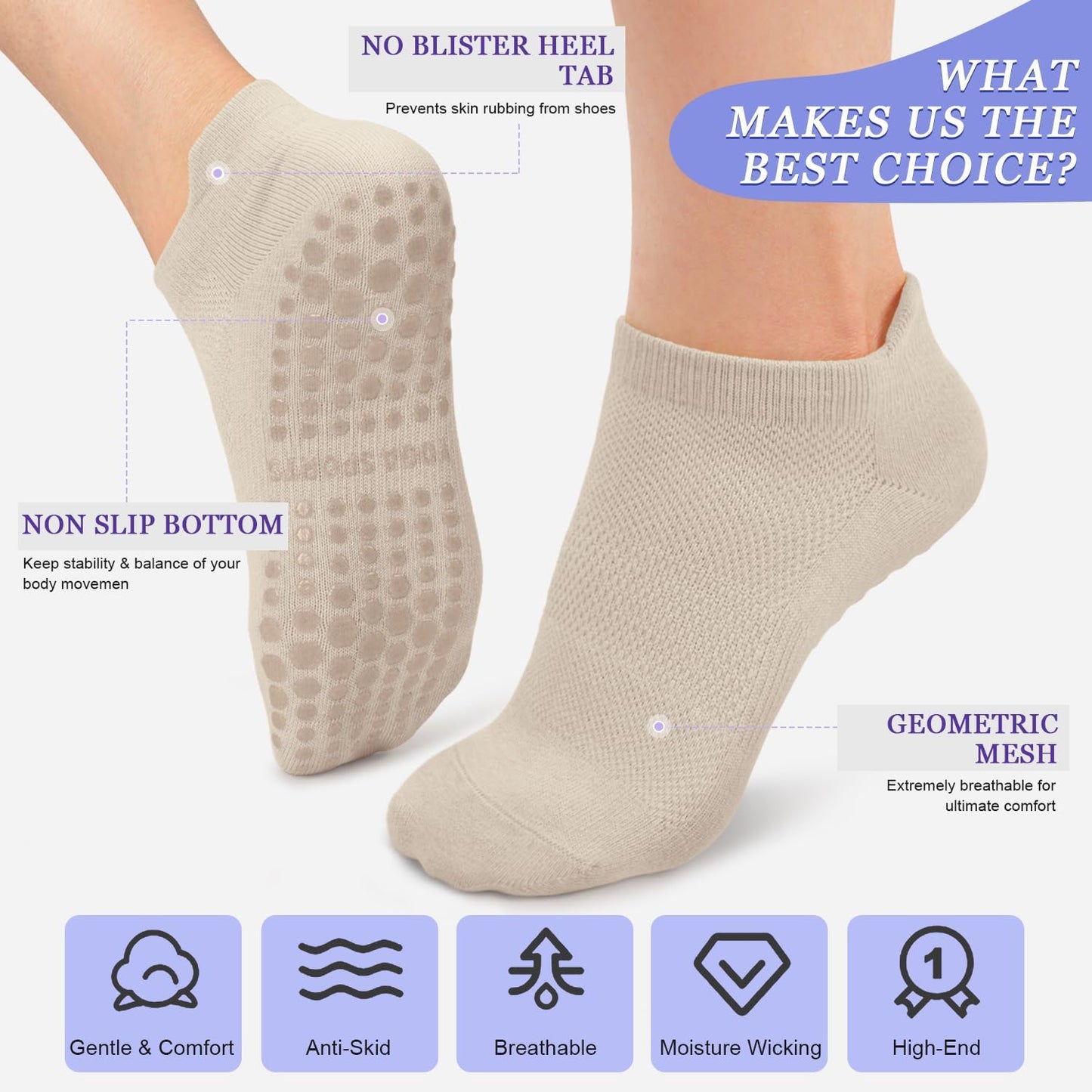 yeuG Pilates Socks for Women Non Slip Grip Socks for Yoga, Barre, Hospital, Barefoot Grippy Yoga Sock Womens Gifts 4 Pairs