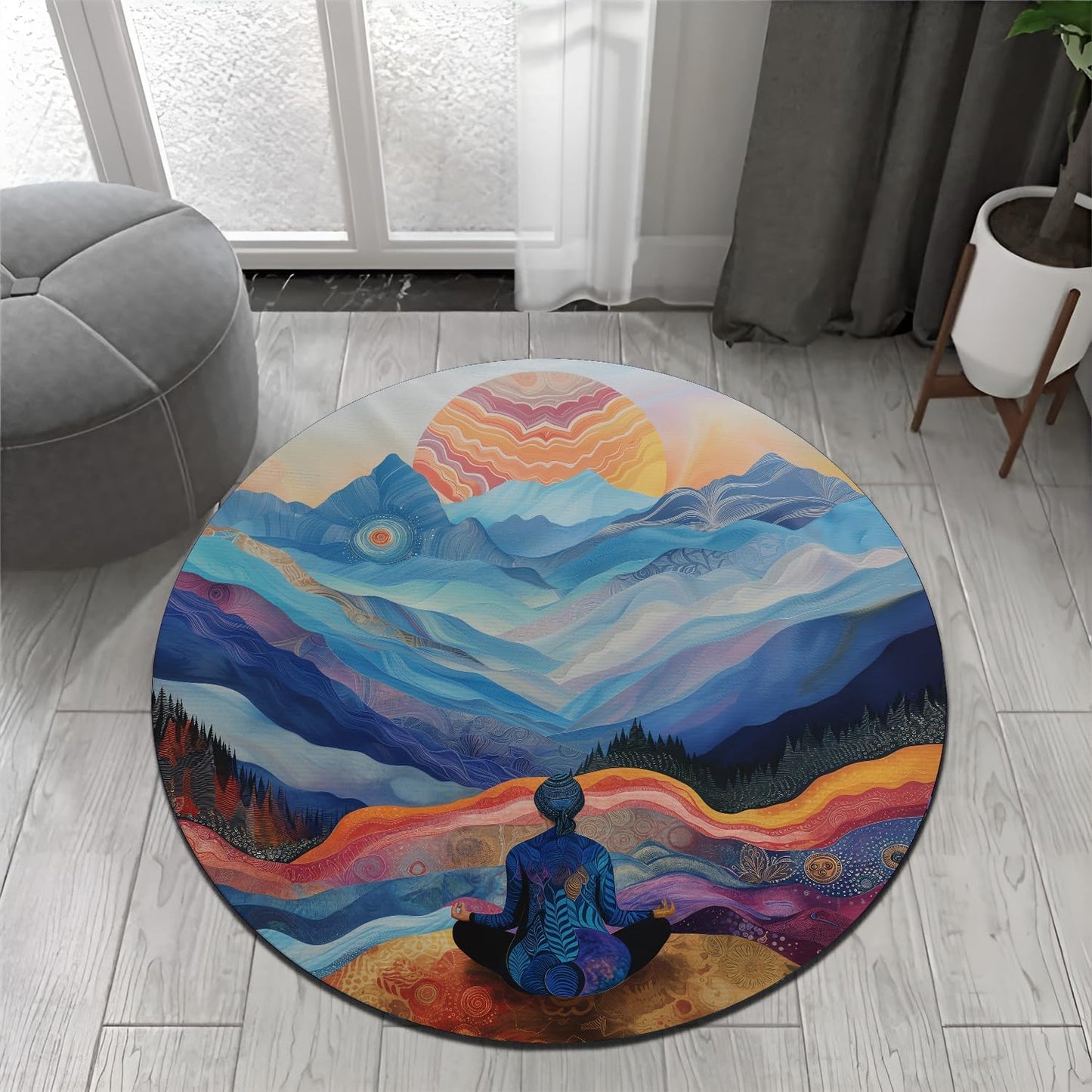 Chakra Round Area Rug, Non-Slip Meditation & Yoga Carpet for Living Room, Meditation Round Area Rugs, Modern Circular Bedroom Rug 57