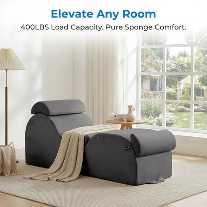 Mjkone Velvet Yoga Chair, Yoga Chaise Lounge Chair Indoor with Side Pockets, Headrest, Waist Cushion, Movable Footrest, Curved Sofa Chair for Relaxation Stretching for Bedroom, Black