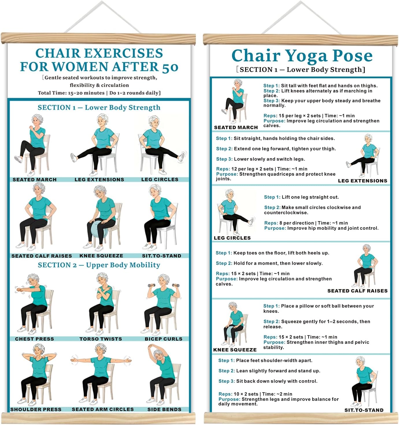 2PC-Chair Yoga & Seated Exercise Poster for Seniors & Beginners ,Extra Large Font Fabric Wall Chart with Hanging Rod & String , Durable Foldable Guide for Home/Office (Lower Body Strength & Upper Body Mobility) (off-white)