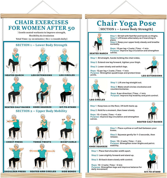 2PC-Chair Yoga & Seated Exercise Poster for Seniors & Beginners ,Extra Large Font Fabric Wall Chart with Hanging Rod & String , Durable Foldable Guide for Home/Office (Lower Body Strength & Upper Body Mobility) (off-white)