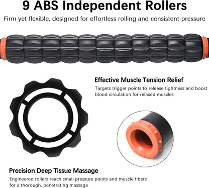 Muscle Roller Massage Roller Stick- Deep Tissue Fascia Blaster for Myofascial Pain Relief, Lymphatic Drainage & Body Sculpting, Handheld Physical Therapy & Recovery Tool (Gray black-18 inch)