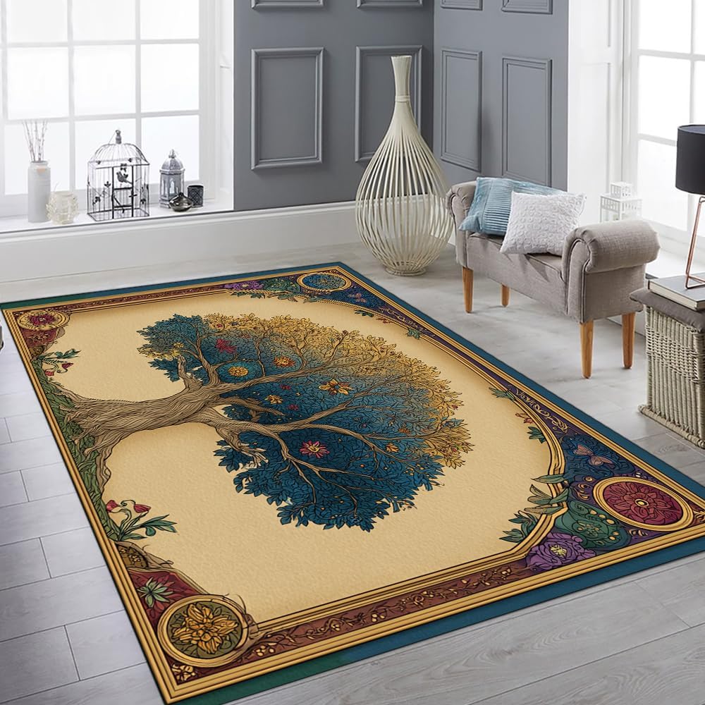 Tree of Life Area Rug – Bohemian Mandala Carpet for Living Room, Bedroom, Meditation Space, Yoga, Spiritual Home Décor – Large Soft Floor Mat for Indoor Decoration (TOL08)