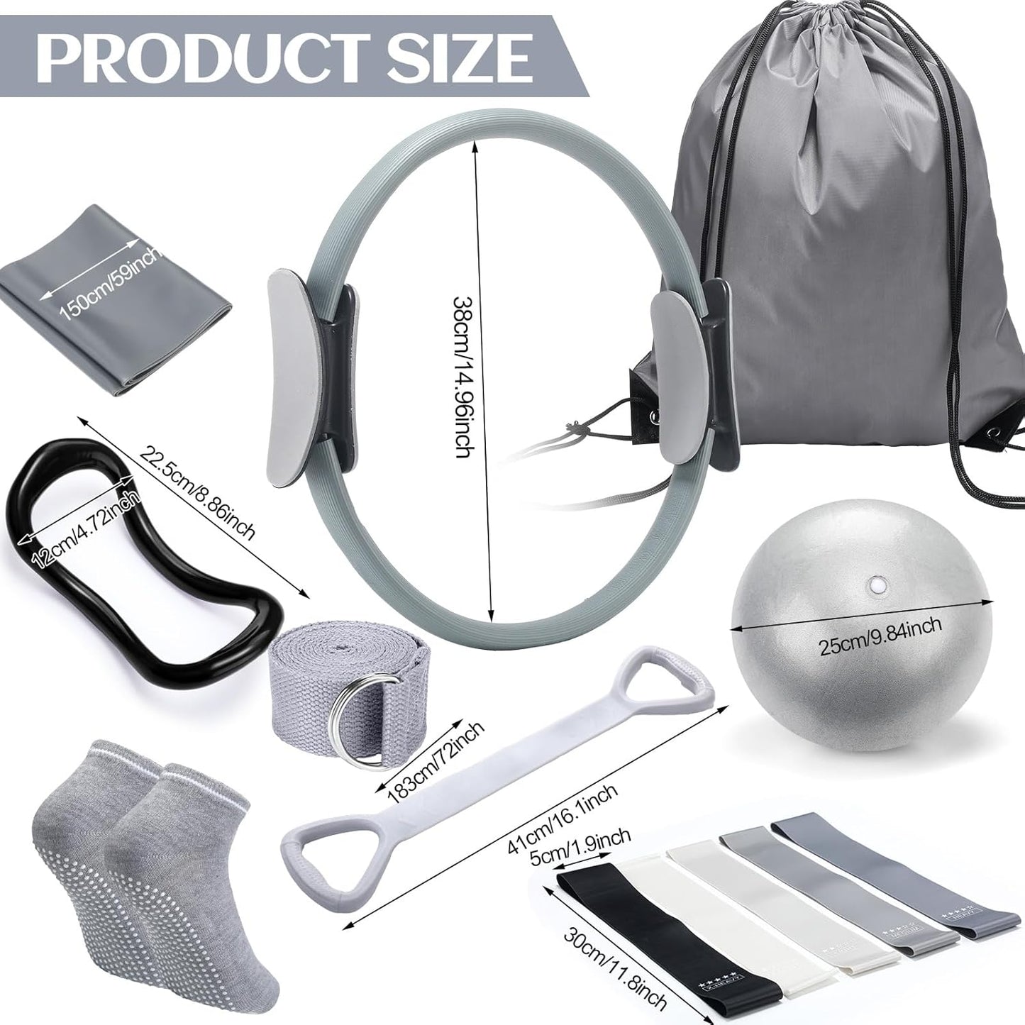 RoundFunny Pilates Ring Circle Set 18 Pcs Exercise Equipment Accessories for Women Workouts Pilates Ball Stretching Strap Magic Circle Yoga Ring Gym Back Bag Resistance Band Anti Slip Socks