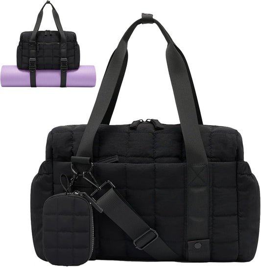 Small Gym Bag for Women, Puffy Sports Duffel Bag with Yoga Mat Holder, Gym Tote Bag with Wet Pocket & Coin Wallet, Carry on Bag for Workout Dance Pilates Ballet Swimming Travel