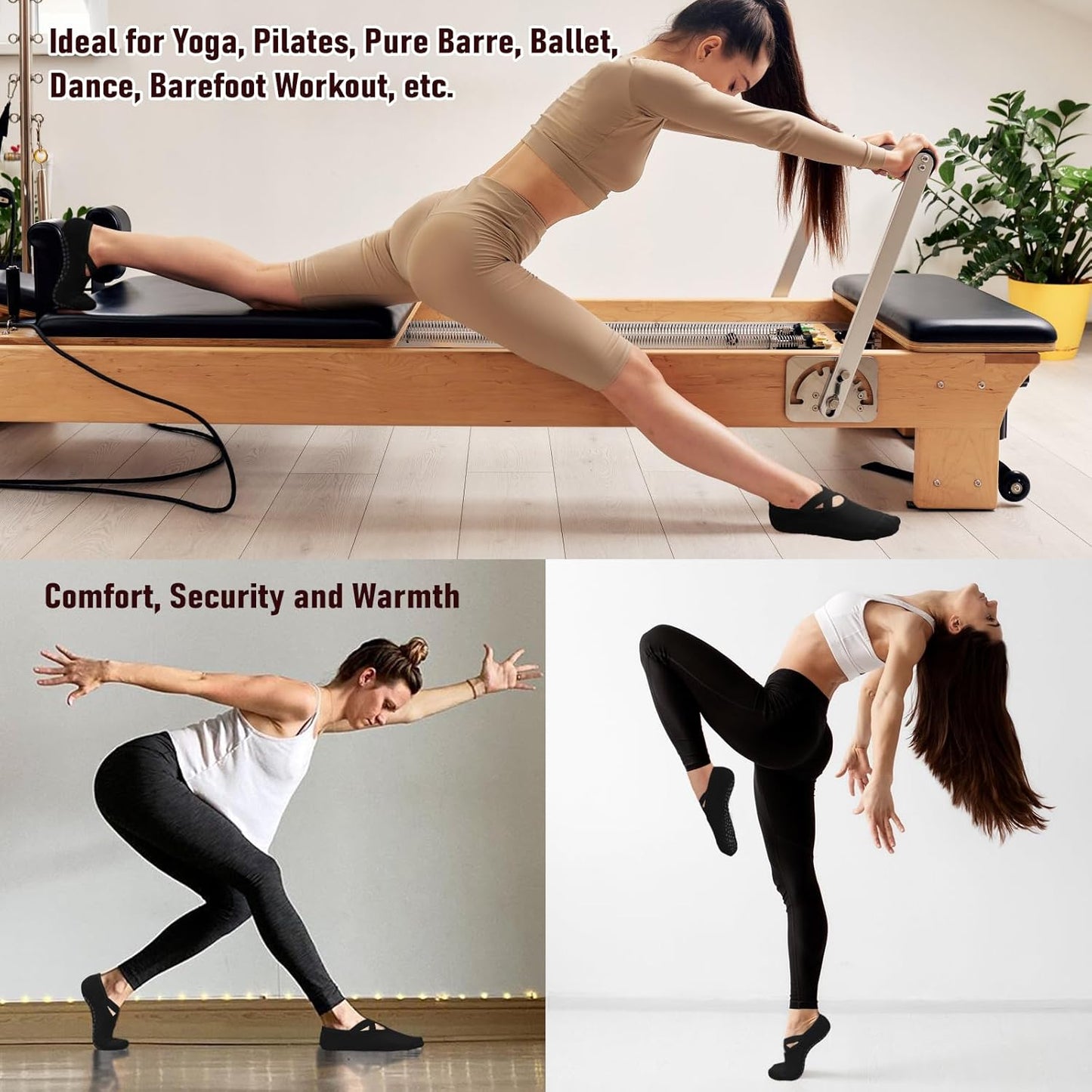 yeuG Pilates Socks for Women Non Slip Grip Socks for Yoga, Barre, Hospital, Barefoot Grippy Yoga Sock Womens Gifts 4 Pairs