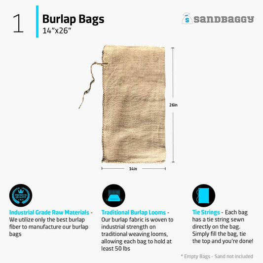Sandbaggy Burlap Sand Bags - Size: 14" x 26" - 50 lb Weight Capacity - For Flooding, Flood Water Barrier, Tent, Empty (10 Bags)