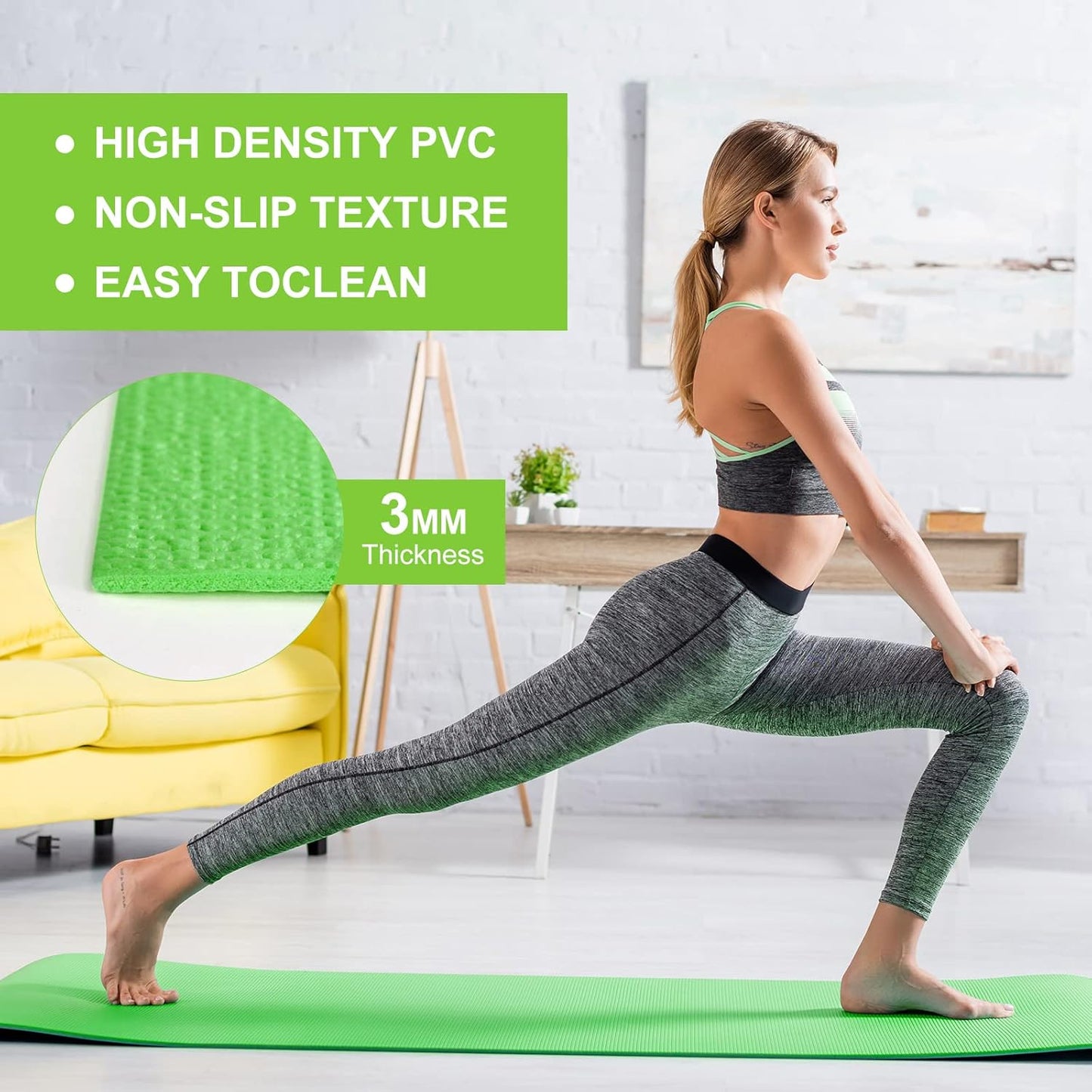 3 mm Thick Yoga Mat Bulk, Non Slip Exercise Workout Fitness Pad for Women Men, Gym Home Yoga Pilates, Easy to Clean, Sturdy PVC