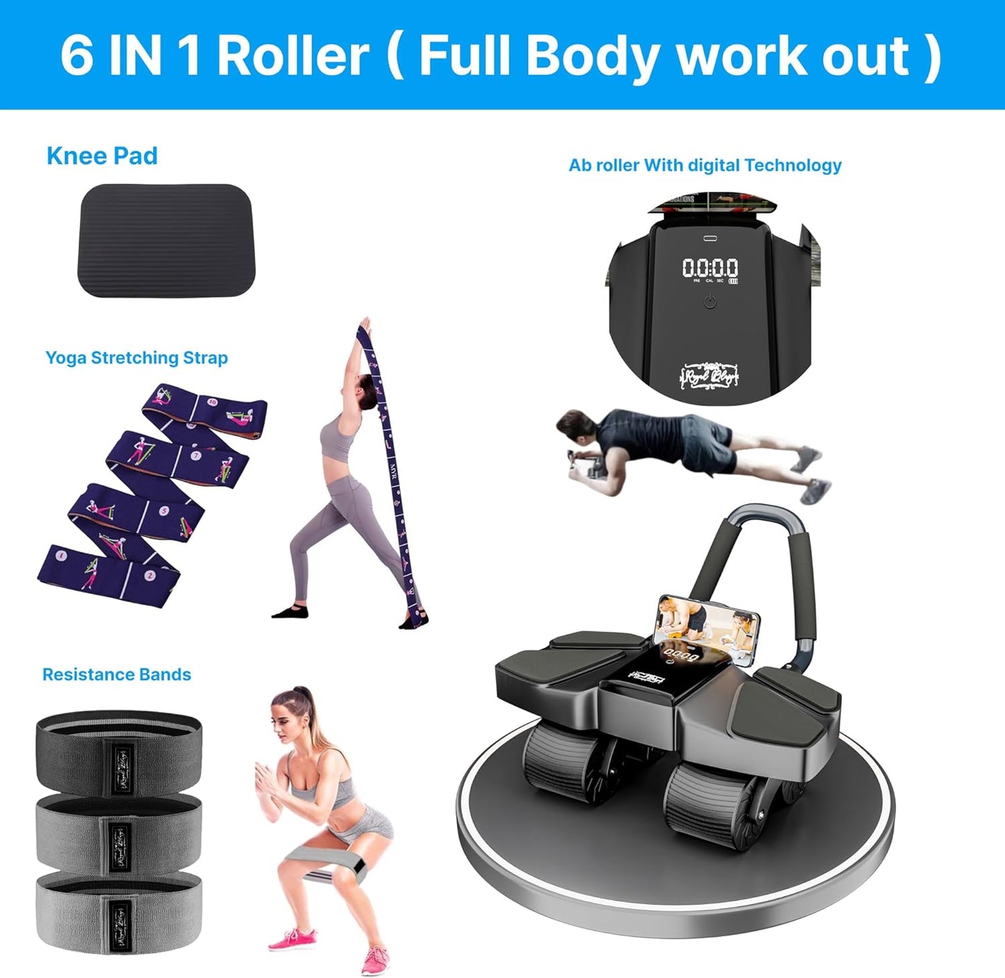 Ab Roller Home Gym Equipment – 4 Wheels Ab Wheel Muscle Roller with Automatic Rebound, Yoga Stretching Strap, 3 Resistance Bands – Comfortable Elbow Support with Non-Slip Handles – Built-in Workout Tracker