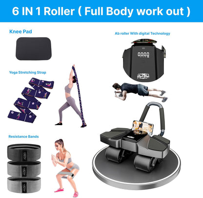 Ab Roller Home Gym Equipment – 4 Wheels Ab Wheel Muscle Roller with Automatic Rebound, Yoga Stretching Strap, 3 Resistance Bands – Comfortable Elbow Support with Non-Slip Handles – Built-in Workout Tracker