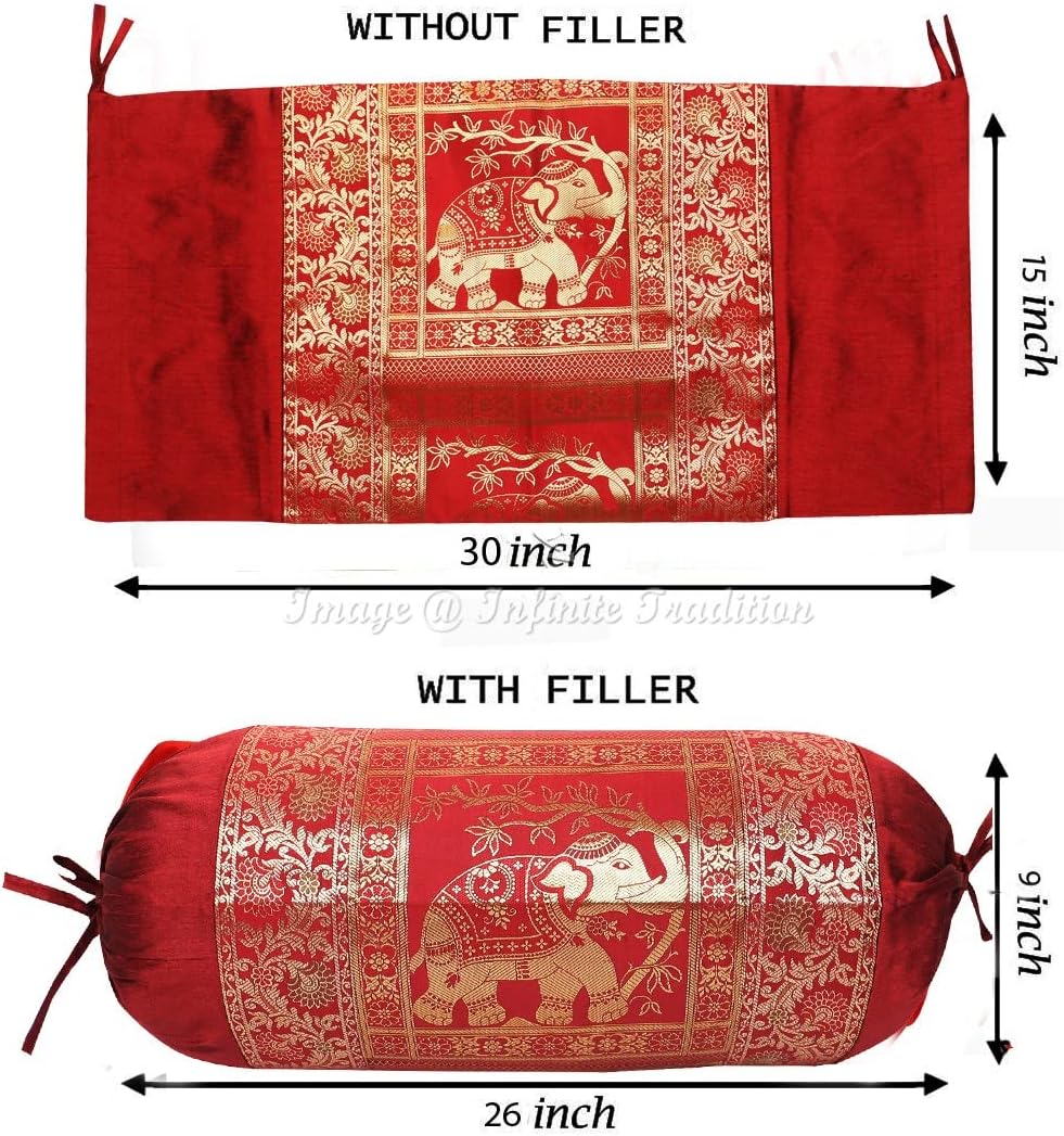 Ethnic Living Room Decorative Bolster Tube Pillow Covers Cylindrical Maroon Yoga Couch Round Cushion Cover Jacquard Weave Poly Dupion Silk Elephant Throw Pillow Case 30x15 inch (76x38cm) - 2 Pc.