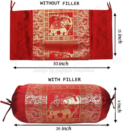 Ethnic Living Room Decorative Bolster Tube Pillow Covers Cylindrical Maroon Yoga Couch Round Cushion Cover Jacquard Weave Poly Dupion Silk Elephant Throw Pillow Case 30x15 inch (76x38cm) - 2 Pc.