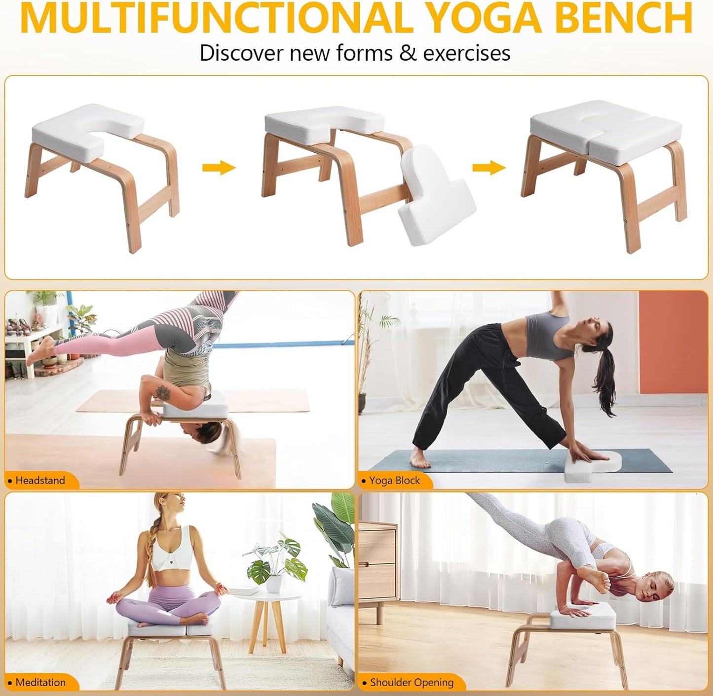 Yoga Headstand Bench, Yoga Inversion Chair, Headstand Trainer with Wood Frame and Pu Pad,Stand Yoga Chair Stress Relief, Balance Training, Body Shaping, Load Capacity 300 Pounds