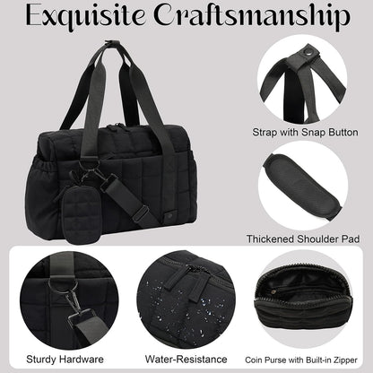 Small Gym Bag for Women, Puffy Sports Duffel Bag with Yoga Mat Holder, Gym Tote Bag with Wet Pocket & Coin Wallet, Carry on Bag for Workout Dance Pilates Ballet Swimming Travel