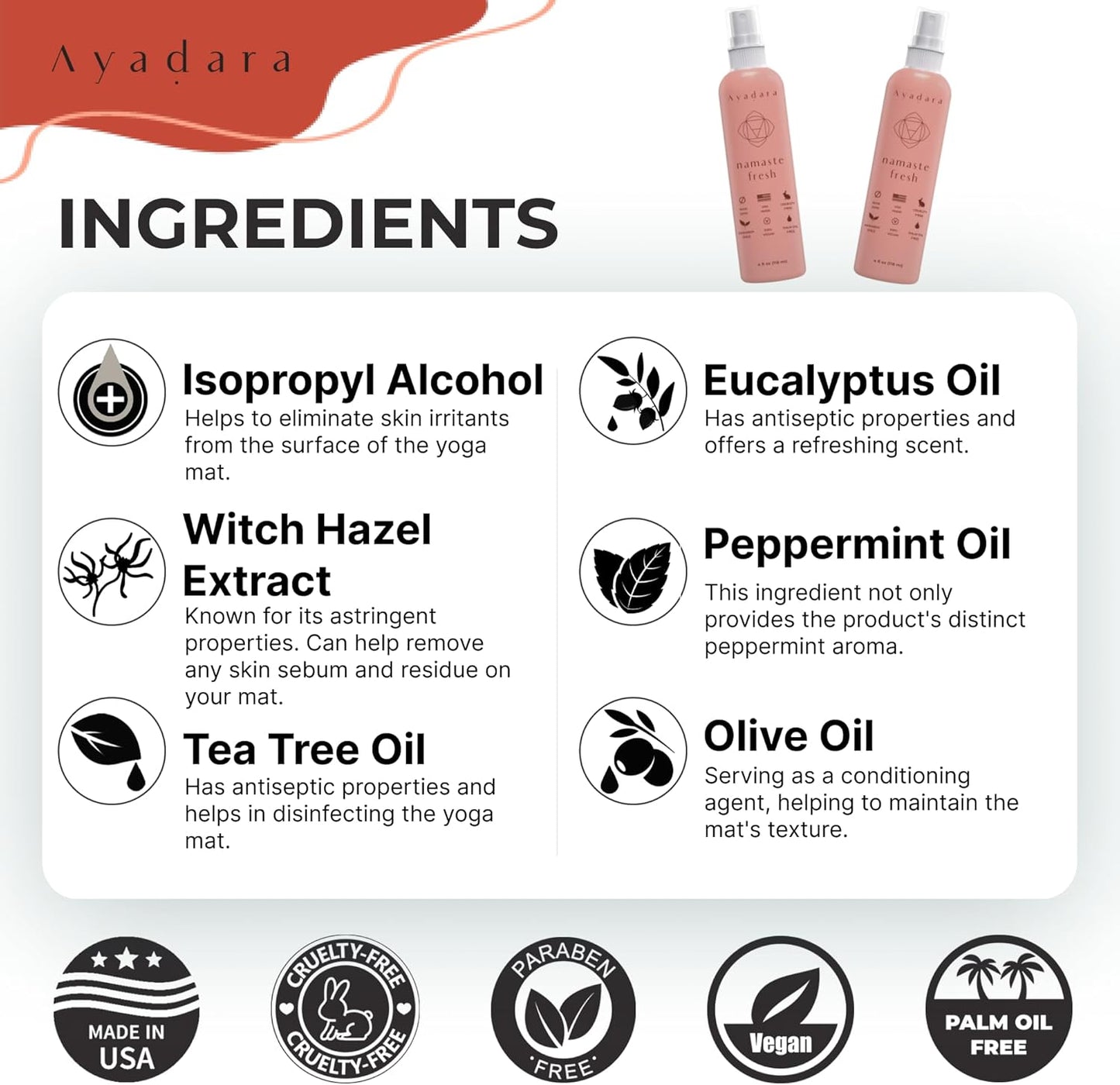 Ayadara Yoga Mat Cleaner Spray, Cleaning Spray for Yoga Accessories, All Purpose Mat Spray for Gym Equipment, Workout Mat Spray With Tea Tree Oil, Yoga Mat Spray Cleaner, 1000 Sprays per Bottle 2-Pack