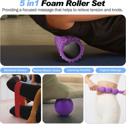 JOYENERGY 5 in 1 Foam Roller Set High Density Foam Roller Patented, Massage Stick, Massage Ball, Resistance Band for Deep Muscle Massage Pilates Yoga, Fitness for Trigger Point Release