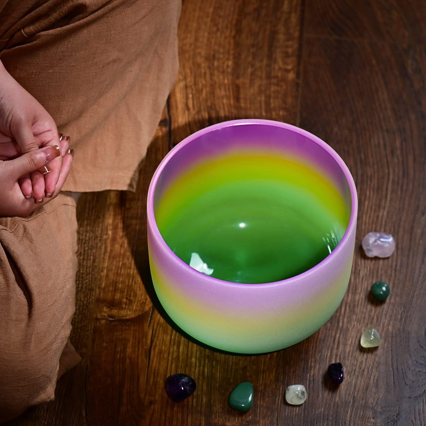 CVNC 440HZ 8 Inch Rainbow Colored A Note Third-Eye Chakra Frosted Quartz Crystal Singing Bowl for Sound Healing and Meditation