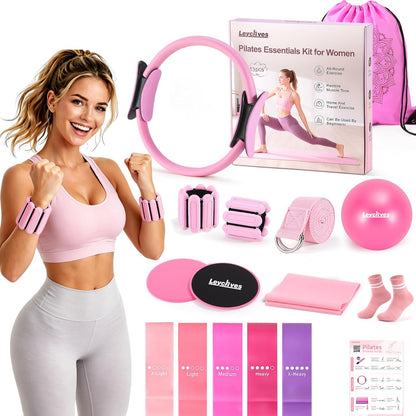 Home Pilates Workout Kit for Women with Guide Video, 12" Pilates Ring and Ball Set, Resistance Bands, Ankle Weight Accessories Workout Essentials Starter Kit for Beginners 28-Day Challenge