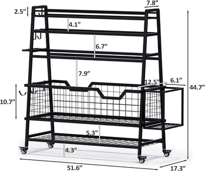 Dual-Sided Dumbbell Rack with Hooks & Wheels, Adjustable Home Gym Storage Rack for Dumbbells, Kettlebells, Balls, Yoga Mats, Ab Roller, Weight Rack Organizer for Workout Equipment