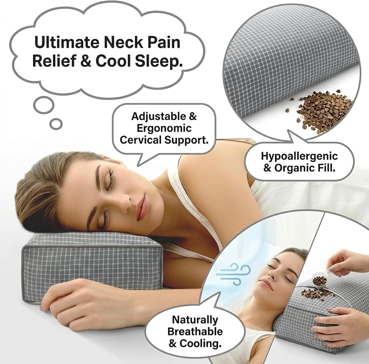 Adjustable Buckwheat Hull Pillow for Neck Pain Relief (21x8x4in) Natural Cooling Cervical Support Organic Pillow for Side & Back Sleepers with Night Sweats (Grey)