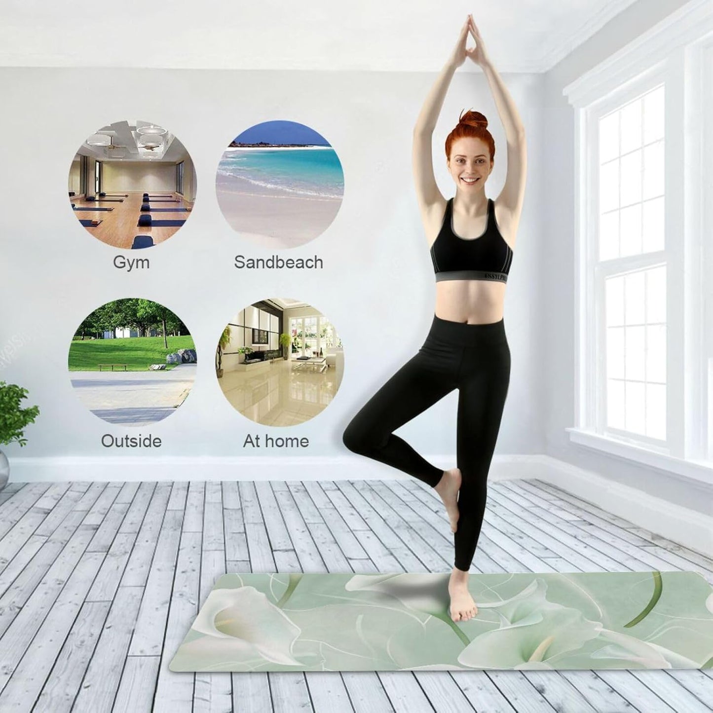 Calla Lily Flower Pastel Colors Mint Green printed yoga mat with strap for home gym, natural rubber non slip, with bag tapete para ejercicio 71x26 inches