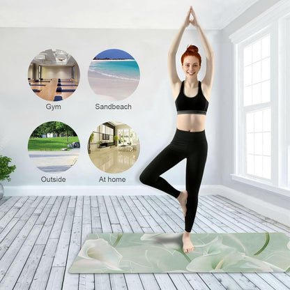 Calla Lily Flower Pastel Colors Mint Green printed yoga mat with strap for home gym, natural rubber non slip, with bag tapete para ejercicio 71x26 inches