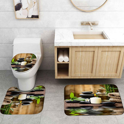 4PCS Spa Zen Shower Curtain Sets with Rugs, White Shower Curtain, Pink Floral Orchid Lotus Water Lily Stone Bamboo Water Reflection Yoga Massage Relaxing Spiritual Meditation Bathroom Decor