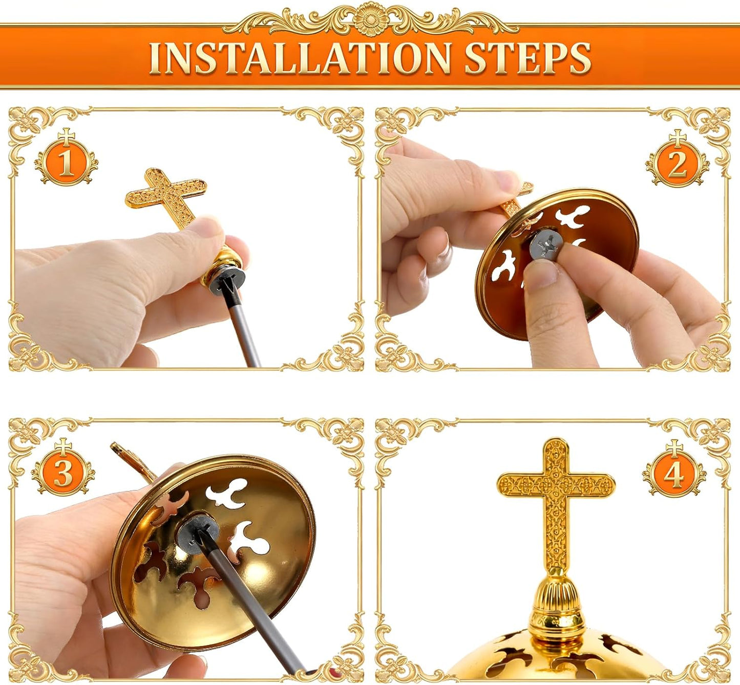 TOPZEA Catholic Incense Burner with Tong, Gold Metal Bakhoor Frankincense Resin Burner, Brass Plated Charcoal Incense Censer Stand with Cross for Christian Church, Home, Yoga, Spa Aromatherapy