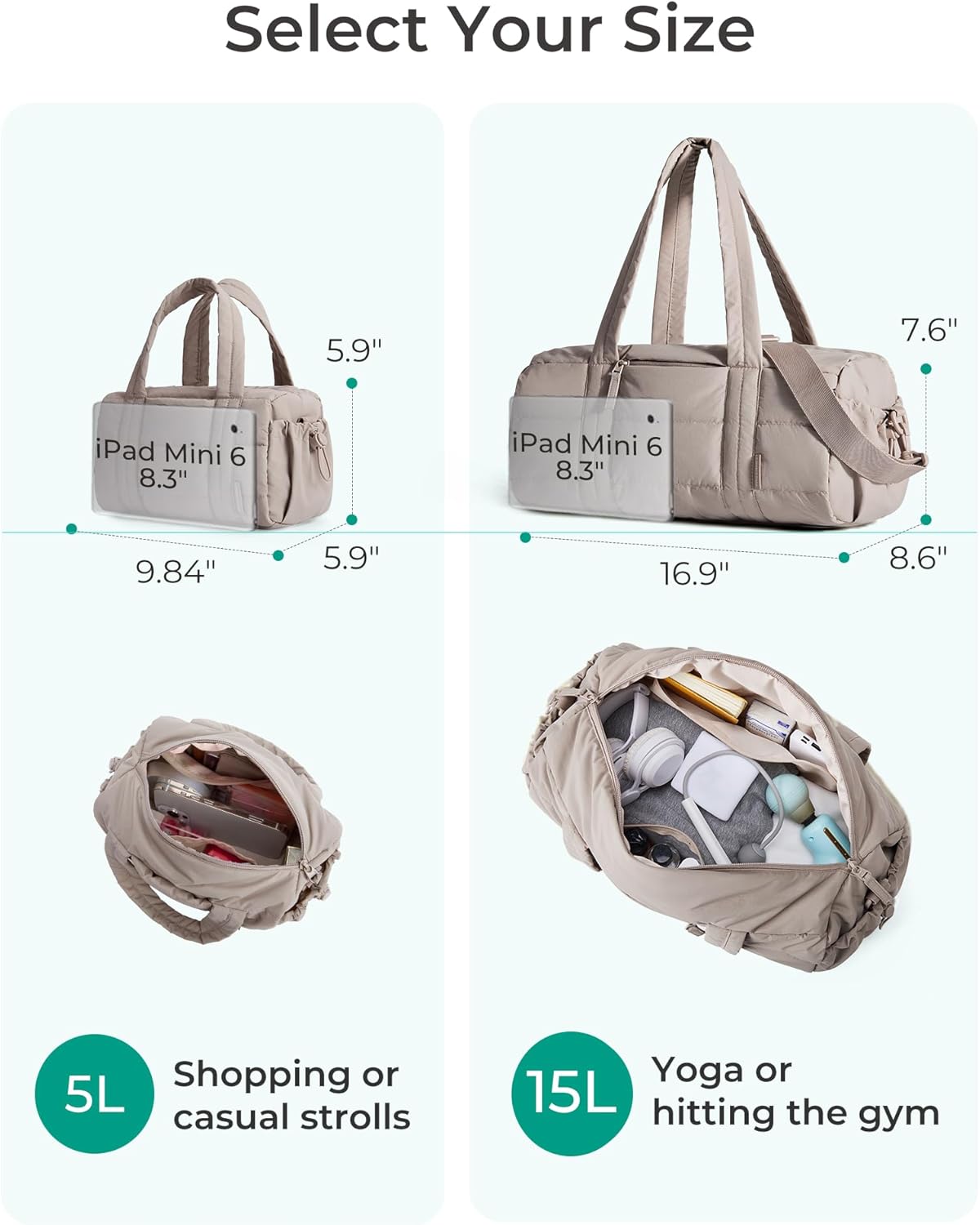 BAGSMART Reiki Gym Bag for Women, Mini/Medium Crossbody Bags for Women, 5L Dance Bag with Detachable Strap, 15L Yoga Mate Bag with Wet & Dry Pocket