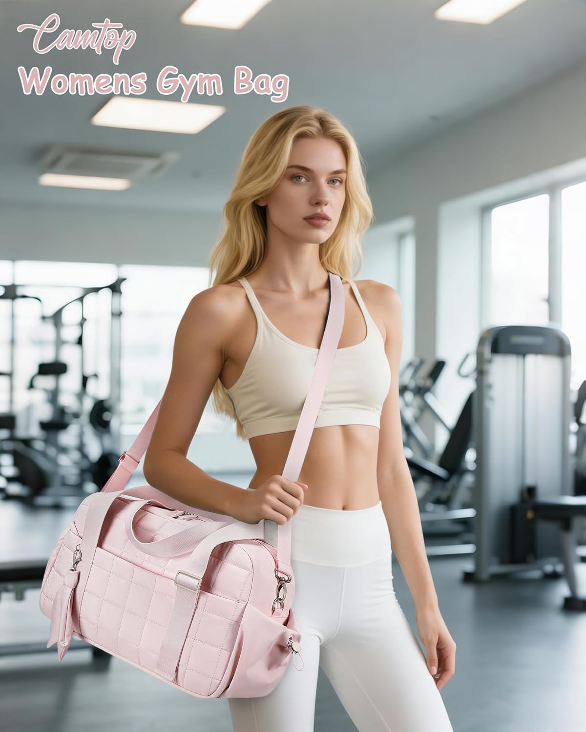 CAMTOP Mini Gym Bag for Women, Small Gym Tote Bag Puffy Quilted Sports Duffel Bag with Wet Compartment and Coin Purse Duffel Bags Dance Yoga Workout Bag for Gifts (All Black, Mini-12.6")