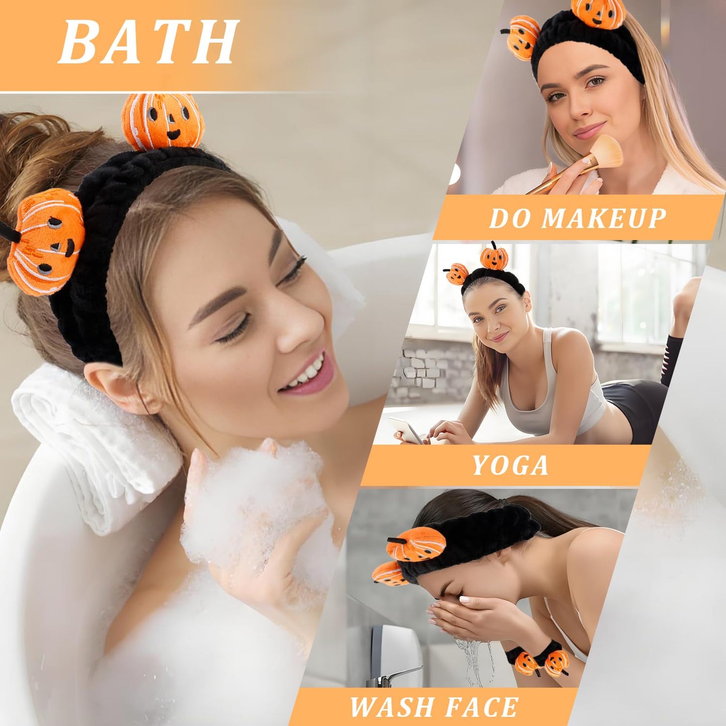 CUBACO 4 Pcs Skincare Headbands for Face Washing Cute Halloween Pumpkin Spa Headband and Wristband Set for Women Fluffy Makeup Headband for Women Girls Makeup Sports Shower Pumpkin Hair Accessories