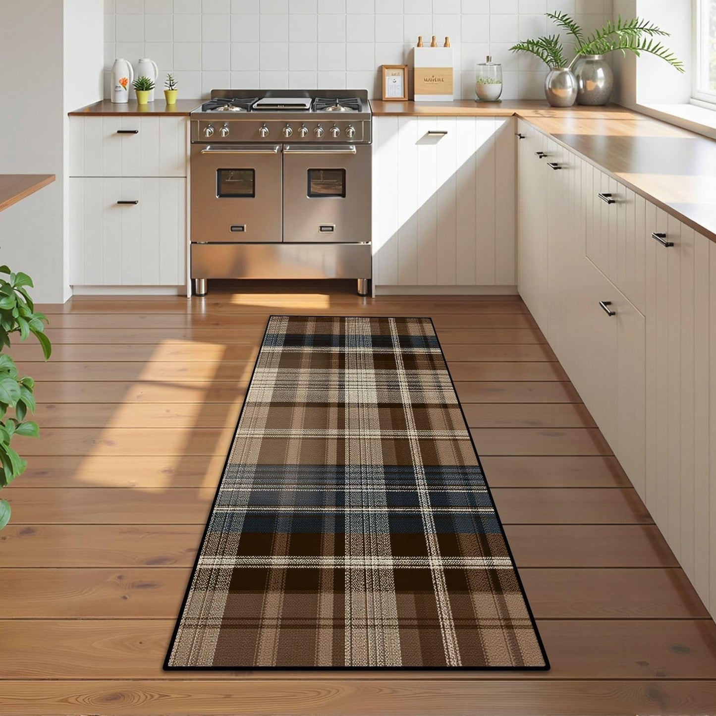 Runner Rug Washable 2x6 White Navy Blue Green Tartan Plaid Scottish Texture from Tartan Plaid Non-Slip Hallway Area Rug Indoor Outdoor Home Decor for Entryway Bathroom Kitchen Carpet Yoga Floor Mat