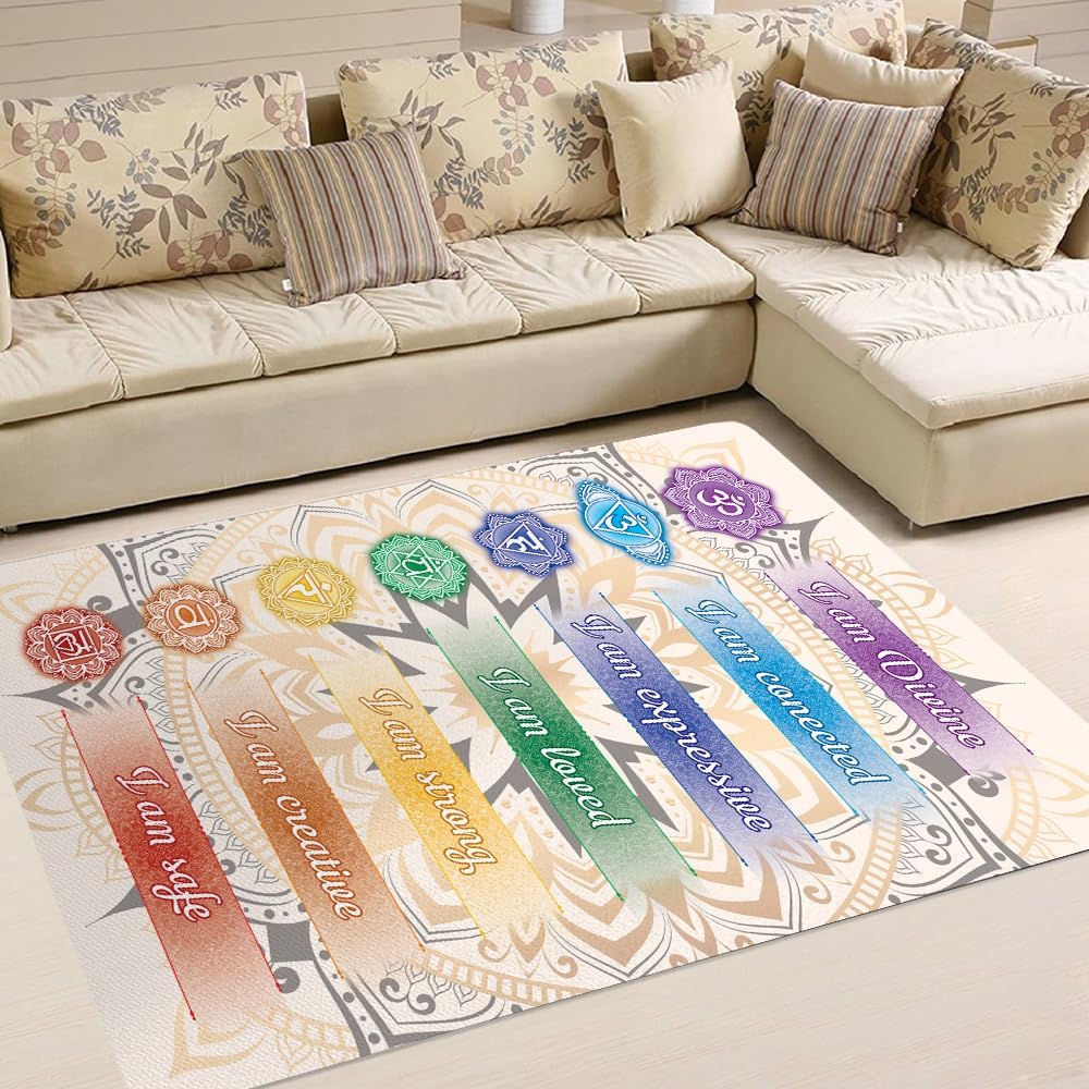 Chakra Area Rug, Meditation & Yoga Carpet for Living Room, Bedroom Mandalas Boho Style Non-Slip Machine Washable Rugs for Women Adults Yoga Lovers Bohemian Floor Mat Office Decor (YOGA-DS01)