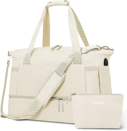ETRONIK Gym Bag for Women, Personal Item Travel Bag with Shoes Compartment, Weekender Overnight Duffel Bag with Wet Pocket, Carry On Bag for Women, Travel, Gym, Weekend (Beige)