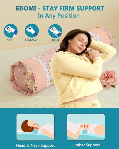 Buckwheat Hull Neck Roll Pillow -15.7" x4.7” Adjustable Firmness Cervical Support for Sleep & Yoga, Cooling Floral Cotton Cover, Ergonomic Bolster Pillow, Blue