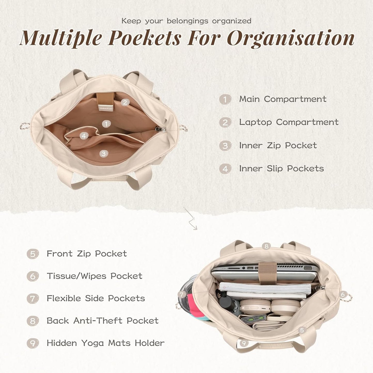 GOLF SUPAGS 3-in-1 Laptop Tote Backpack for Women 15.6" Quilted Work Gym Bag with Hidden Yoga Mat Carrier for Travel Leisure (Gravel Brown & Beige)