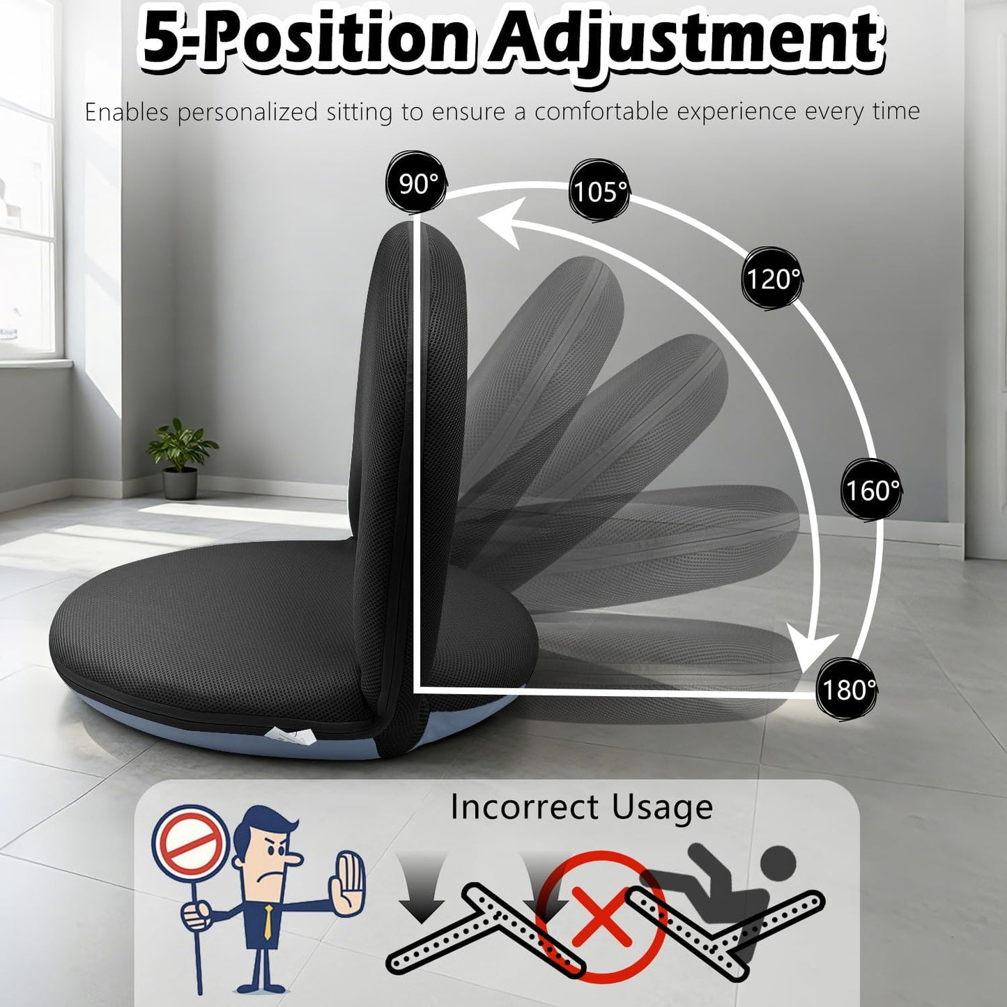 Floor Chair Floor Cushion Folding Padded Gaming Chair Adjustable 5-Position Floor Seat with Back Support for Kids Adult Great for Gaming Reading Meditating