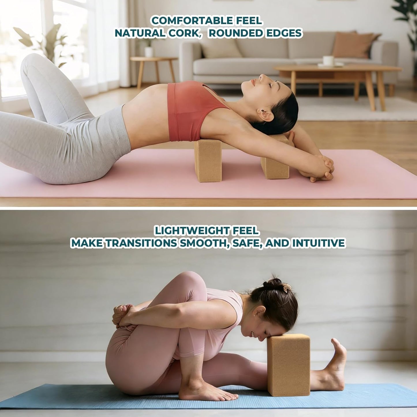 Cork CRZ Yoga Blocks, 2 Pack Natural Cork Blocks, High Density with Non Slip Surface, Eco-Friendly Yoga Accessories and Ideal for Yoga, Pilates,Stretching