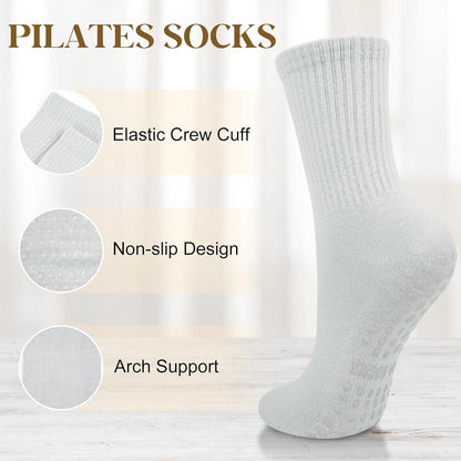 Justay 6 Pairs Pilates Socks with Grips for Women Soft Non Slip Crew Cotton Athletic Workout Barre Hospital Yoga Socks
