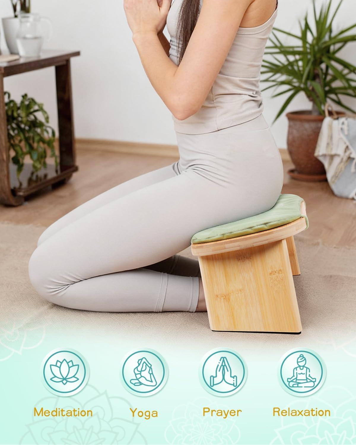 Hihealer Folding Bamboo Meditation Bench with Cushion & Carry Bag – Ergonomic Yoga and Prayer Stool for Comfort and Posture Support (Black)